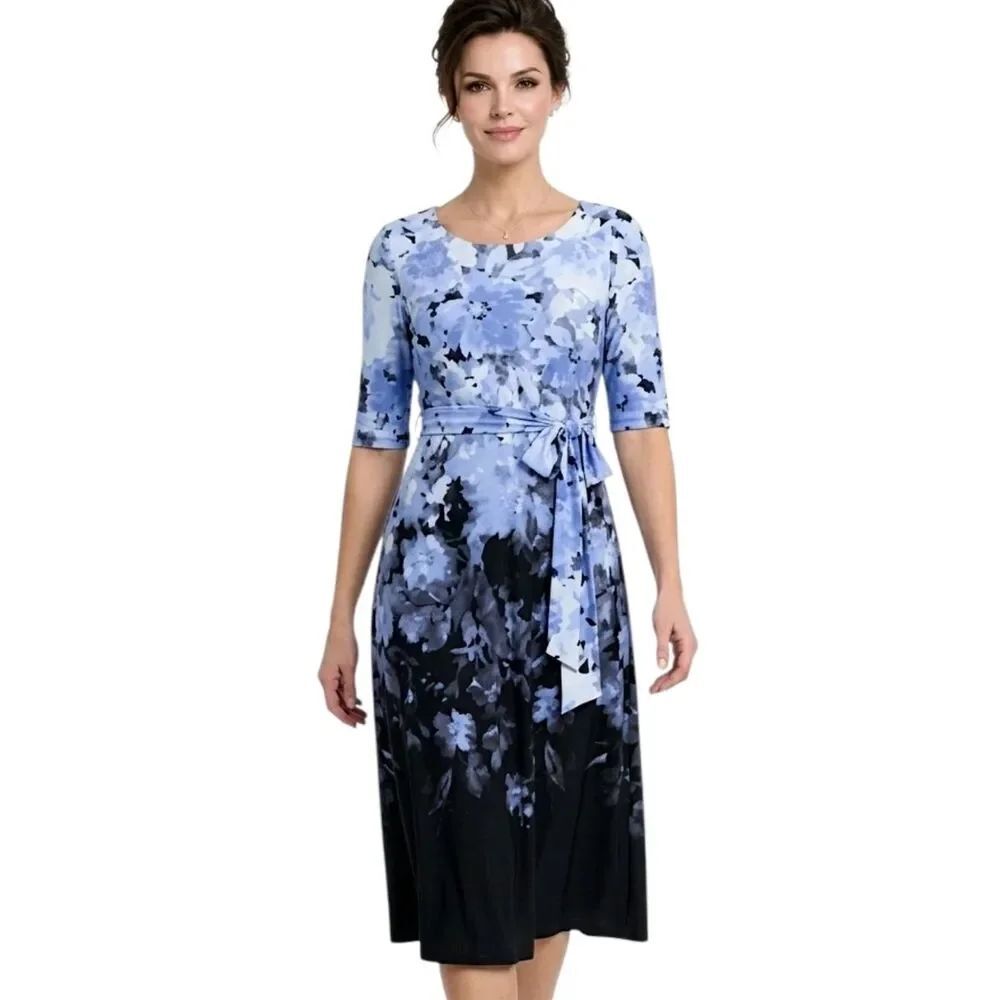 Kasper Blue And Black Ombre Floral Fit & Flare Dress Size 16P